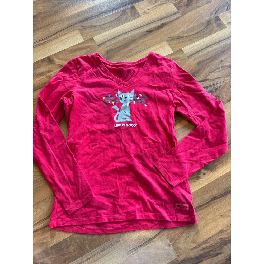 Life is Good Crusher‎ Tee Women S Pink Red Excellent Christmas Cat Holiday Light